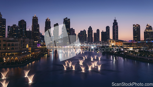 Image of Unique view of Dubai Dancing Fountain show at night.