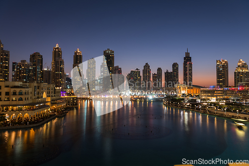 Image of Unique view of Dubai Dancing Fountain show at night.