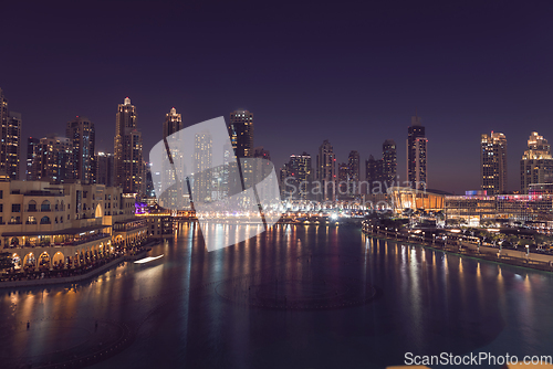 Image of Unique view of Dubai Dancing Fountain show at night.