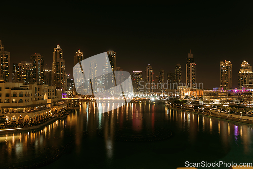 Image of Unique view of Dubai Dancing Fountain show at night.