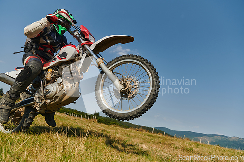 Image of A fearless professional motocross rider skillfully executes an extreme back wheelie maneuver through a perilous forest terrain, showcasing remarkable balance and daring expertise