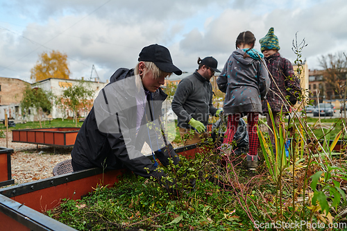 Image of A modern family parents and children, is working together to beautify their front yard with flowers in preparation for the upcoming holiday season.