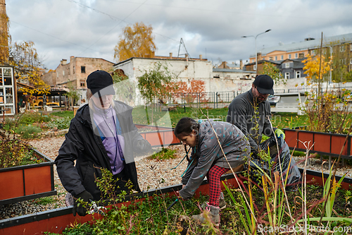 Image of A modern family parents and children, is working together to beautify their front yard with flowers in preparation for the upcoming holiday season.