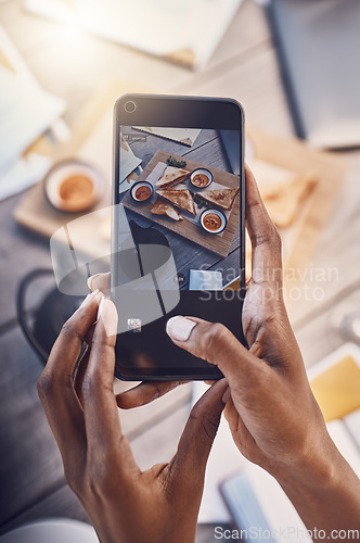 Image of Phone, brunch and social media influencer at breakfast blogging or vlogging her food at a restaurant business. .Content creator and photographer posts bread with toast, lunch and creative meal ideas