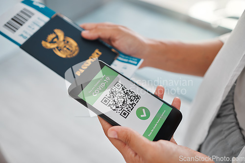 Image of Covid travel passport, digital qr code certificate on phone for vaccine health and airport security identity document. Refugee and passenger immigration with mobile app for corona virus safety data