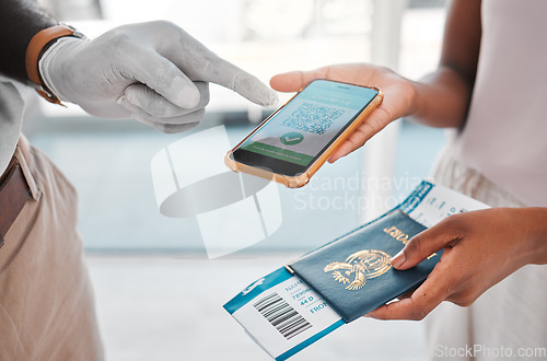 Image of Covid travel passport, digital qr code certificate on phone for vaccine health and airport security identity document. Refugee and passenger immigration with mobile app for corona virus safety data.