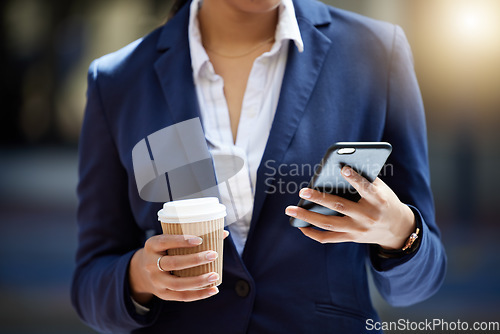 Image of Coffee break and phone in hands of a business woman reading email, online internet notification or communication for contact us background. Corporate marketing professional worker with a cellphone