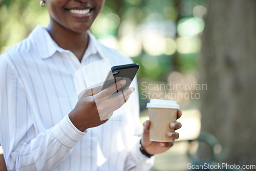 Image of Communication, phone and networking woman on coffee break while browsing, sharing business contact or scrolling on social media or banking app. Entrepreneur hands typing message on contact us website