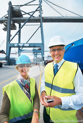 Image of Logistics, supply chain and ship engineer or workers on the dock smiling while working in delivery industry. Cargo and shipping Portrait of happy and smiling stock managers working in export business