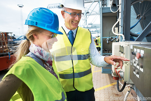 Image of Supply chain, shipping and logistics with a manager and engineer working on a harbor in the export and import industry. Manufacturing, safety and management with industry workers operating machinery