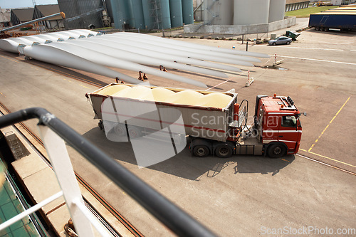 Image of Delivery, cargo and shipping truck in an industrial, manufacturing and distribution job site. Export transport lorry of ecommerce, factory and industry supply chain product stock at a freight depot