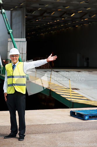 Image of Cargo manager, logistics and shipping container at industrial plant. Warehouse supervisor points to stock courier will transport. Export service at factory for manufacturing goods, storage or retail.