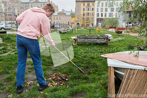 Image of A man diligently maintains the garden by collecting old, dry leaves, creating a picturesque scene of outdoor care and seasonal tidiness.