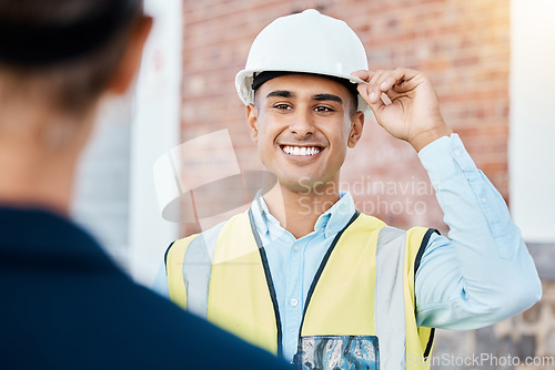 Image of Building, construction and architecture worker with a happy smile ready to start work. Maintenance contractor, builder logistics and building construction worker feeling motivation for a job project