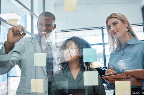 Image of Sticky notes, corporate and business people planning a team project on a glass wall in an office. Diversity, collaboration and creative employees having a strategy, idea and solution meeting.