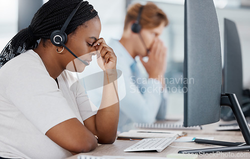 Image of Burnout, stress and headache telemarketing employee working customer support for sales, consulting or call center company. Contact us, help desk and customer service worker in office by computer