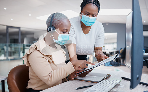 Image of Business woman with documents and manager during covid work on global internet marketing data or team financial chart. Business people with trust and support in management at office desk and computer