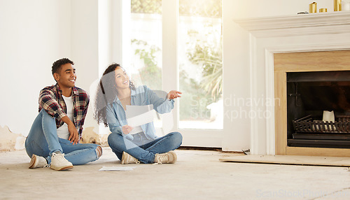 Image of Real estate, investment and planning, couple with DIY renovation plan for new family house with mortgage. Man and woman and happy first time homeowners, with financed home loan for dream property.