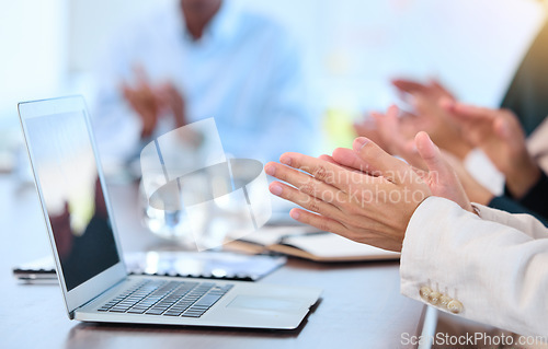 Image of Hands clapping, meeting and laptop with business team at office room table working. Success, teamwork or collaboration and work on corporate finance strategy, planning and innovation with computer.