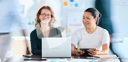 Image of Planning, innovation and laptop with business women or managers in meeting in office or corporate room. Portrait, collaboration and teamwork with worker on tablet or team on finance goal or strategy