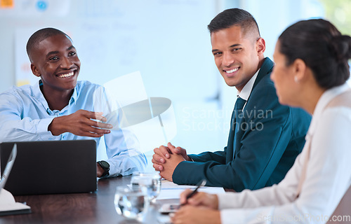 Image of Teamwork, collaboration and innovation with business, partner in a meeting, discussing strategy for goal or startup. Diverse investors excited to plan and unite on mission or vision, smiling together