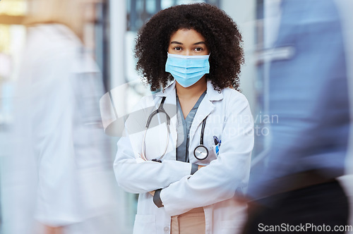 Image of Medical doctor, woman nurse in covid and healthcare professional. Worried face expression, female professional with mask on during pandemic crisis, essential worker in lockdown lab coat practitioner