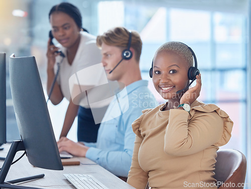 Image of About us, call center and contact us for our customer support desk to help you with insurance loans. Thank you, telemarketing and happy customer service consultant agent with a smile and headset