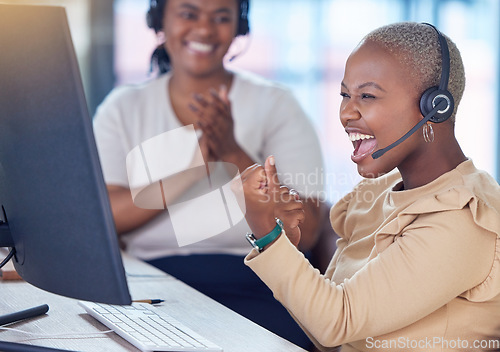 Image of Excited call center success celebration, telemarketing sales goal and crm consultant winner for customer service deal, target trading and agent bonus. Happy worker, employee and staff with motivation