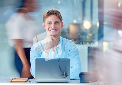 Image of Call center worker, business sales man and consultant working, consulting and networking for crm telemarketing in fast paced and busy office company. Portrait of happy customer service support agent