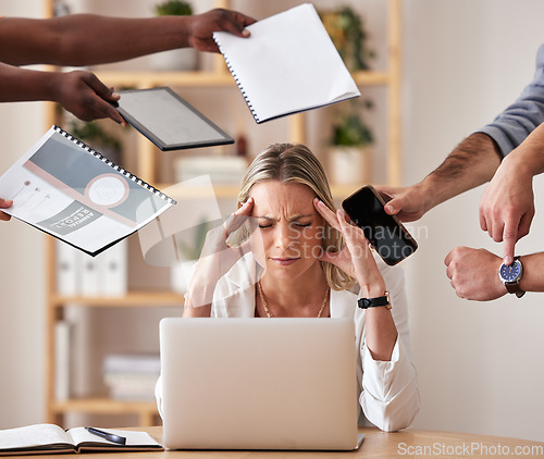 Image of Burnout, headache and stress business woman or entrepreneur working with depression, anxiety and mental health in office space. Corporate employee feel tired, sad and anxious about deadlines.
