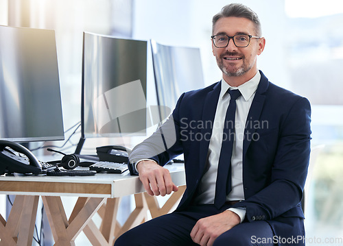 Image of Portrait of computer information technology manager, software programmer or business man engineer. Trust, leadership and vision of an IT man in company cybersecurity management with smile for success