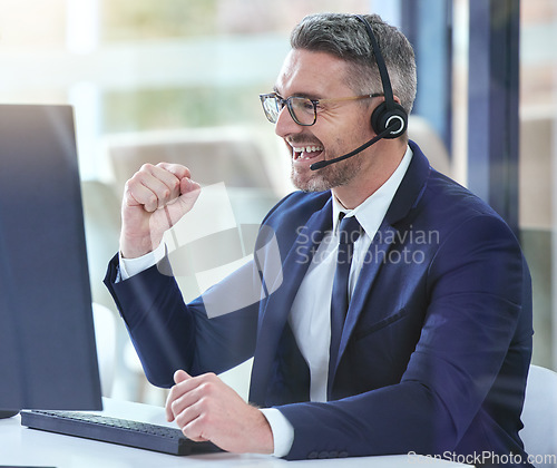 Image of Business man sales success, telemarketing goal celebration and crm consultant winner for call center deal, crypto trading and stock market agent bonus. Happy office computer worker with motivation