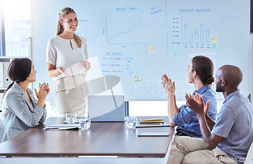 Image of Clapping, success workshop or teamwork business meeting for happy creative marketing speaker on office whiteboard. Diversity, motivation or planning kpi data idea in training or strategy presentation