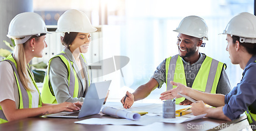 Image of Construction, building maintenance and management team collaboration on a teamwork project. Contractor, builder and architect planning a home improvement strategy, vision and architecture logistics