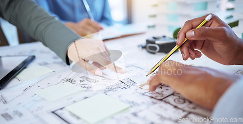 Image of Architect, planning or blueprint with a designer and engineer working as a team in construction, architecture and design industry. Building, teamwork and collaboration with the hands of a contractor