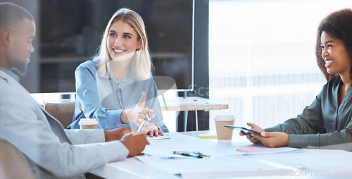 Image of Teamwork, planning and communication with a team in collaboration on strategy development in their office at work. Training and workshop with a vision and mission for future growth and success