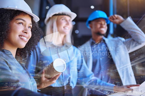 Image of Diversity, team and blueprint of a group of architect people working on a site plan for construction or building. Business contractors in teamwork, double exposure and overlay with a vision at work.