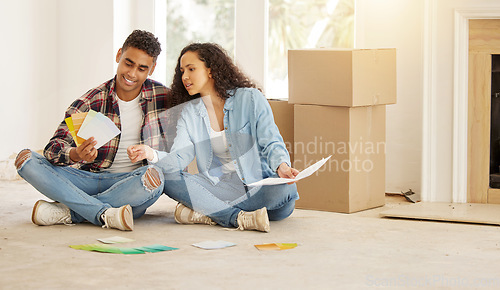 Image of Couple doing interior design in new home, man and woman painting room in property and moving into apartment together. Creative black family in real estate house renovation and happy with room color