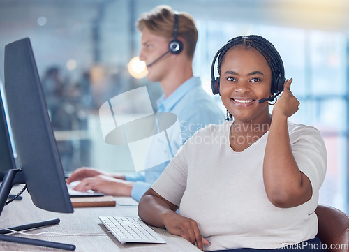 Image of Telemarketing, smile and call center worker on phone call communication with customer questions, sales or inbound marketing. Help desk consultant working in, contact us or customer support office