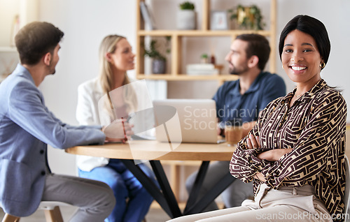 Image of Leadership, manager and team leader of creative designers having a meeting for growth and innovation in a modern office. Portrait of a black entrepreneur feeling happy about office management