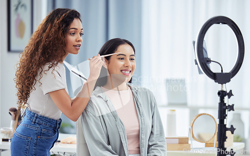 Image of Phone streaming, makeup influencer or social media beauty tutorial on content creator blog. Talking cosmetic blogger, women or friends with eyeshadow palette review or skincare face product marketing