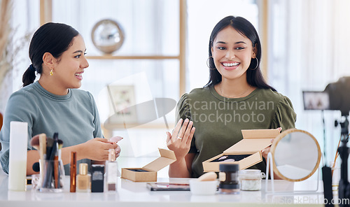 Image of Social media influencer, beauty blogger and brand ambassador doing makeup review, marketing and advertising. Middle eastern arab vlogger friends doing live stream product tutorial video for followers