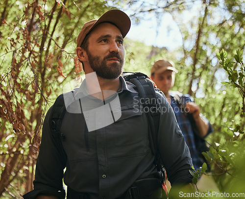 Image of Friends hike in nature environment while journey in a green forest together, being active and bonding outdoor. Male walking on path in the woods, enjoying a physical challenge and trekking adventure