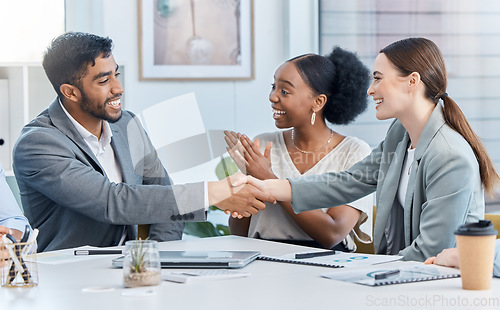 Image of Success handshake, b2b partnership deal and client agreement of teamwork collaboration in a office. Thank you, welcome or happy business of a crm corporate contract business meeting or job strategy