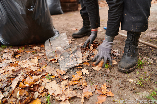 Image of Father-daughter duo bonding in the garden as they work together to collect fallen leaves and fill up a bag on a crisp autumn day.