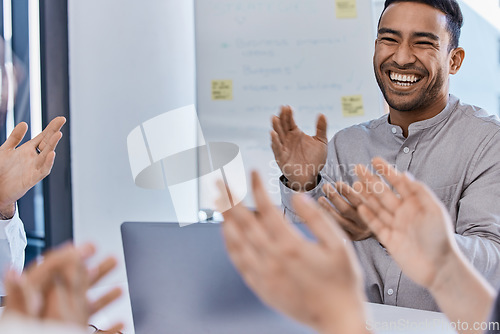 Image of Clapping, workshop or teamwork business meeting with happy creative marketing worker and office laptop. Diversity, motivation or planning innovation idea in success training or education presentation
