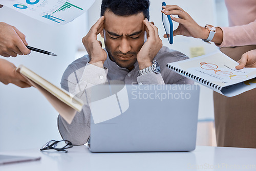 Image of Stress, overworked and pressure for a business man with financial debt, bankruptcy or tax issues in an office. Burnout, mental health or male Latino entrepreneur with headache and feeling frustrated