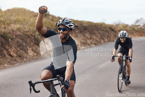 Image of Winner, celebrating and winning cyclist cycling with his friend and racing outdoors in nature. Victory, joy and happy bicycle rider exercising on a bike for his workout routine on the road