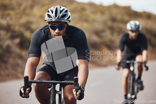 Image of Training, energy and fitness with cyclists exercise on bicycle outdoors, practice speed and endurance. Athletes riding together, prepare for marathon or competition while enjoying cardio workout