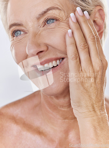 Image of Skincare, wellness and beauty face of happy mature woman grooming, apply facial or hygiene treatment. Senior female enjoying anti aging cosmetics on wrinkles, self care and routine cleaning at home